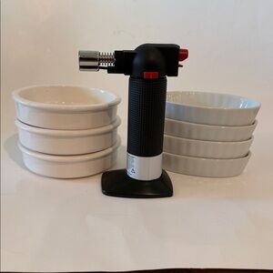 Crème Brûlée Culinary Torch with 7 Dessert  Dishes. (4 Oval and 3 Round Ceramic)